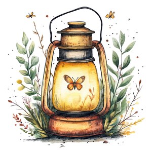 Folk Lantern Clip Art, 12x Lantern with Leaves PNG Clipart Set, Watercolor Lantern Clip Art, Printable Digital Download, Transparent PNG
