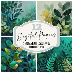 May include: A set of 12 digital papers featuring watercolour leaf patterns in green, teal, and gold hues. Each paper measures 30.48 cm x 30.48 cm and has a resolution of 3600 x 3600 pixels at 300 dpi. The image text reads "Digital Papers".