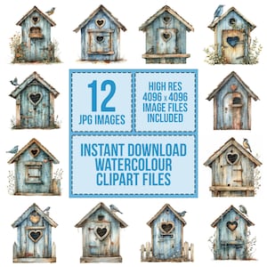 12 rustieke vogelhuisje clipart, aquarel tuin vogelhuisje clipart, afdrukbare aquarel clipart, papier ambachten, kunst aan de muur, digitale download