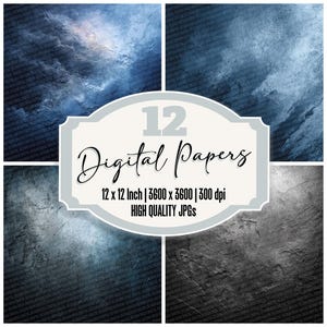 May include: A digital art print featuring four textured backgrounds in shades of blue and gray. The image includes a central label with the text "12 Digital Papers" and specifications: 12 x 12 inch, 3600 x 3600 pixels, and 300 dpi.