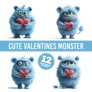 Cute Valentine Monster Clipart, 12 JPGs, Monster Holding Heart Printable Image, Illustration, Wall Art, Digital Download, Junk Journals