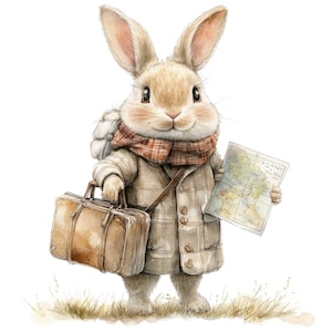 Adventure Bunny Clipart, 12x Clipart de coelho de viagem em aquarela, Clipart para impressão, JPG de alta qualidade, Download digital, Imagens de diário de lixo
