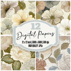 12x Engraving Block Print Florals Junk Journal Paper Bone Background Digital Paper Pack Botanical Scrapbook Paper Papier Decoupes JPGs