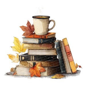 K&ouml;nnte beinhalten: Aquarellillustration eines B&uuml;cherstapels mit einer Kaffeetasse. Herbstbl&auml;tter in Rot-, Gelb- und Braunt&ouml;nen umgeben die B&uuml;cher. Die Tasse ist beige mit dunklem Rand und Henkel.