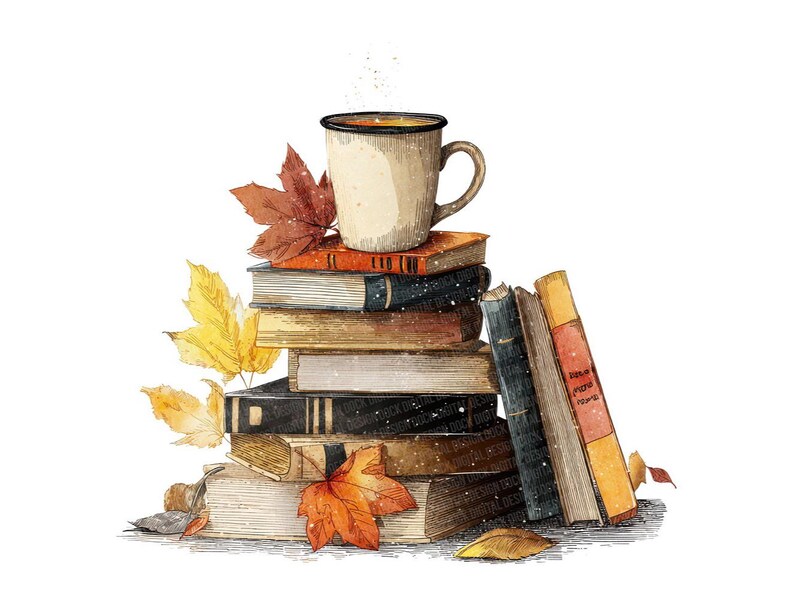 K&ouml;nnte beinhalten: Aquarellillustration eines B&uuml;cherstapels mit einer Kaffeetasse. Herbstbl&auml;tter in Rot-, Gelb- und Braunt&ouml;nen umgeben die B&uuml;cher. Die Tasse ist beige mit dunklem Rand und Henkel.