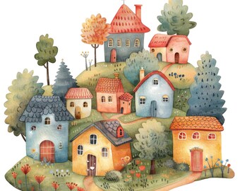 12 Storybook Village Clipart, Watercolor Street Houses Clipart, Printable Clipart, Paper Crafts, Wall Art, Digital Download, Junk Journals