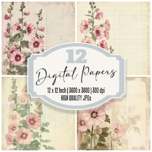 12x Hollyhock Flower Junk Journal Paper Vintage Botanical Sketch Digital Paper Pack High Quality JPGs Scrapbook Paper Digital Download