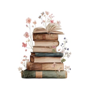 Könnte beinhalten: Ein Stapel alter Bücher, einige davon geöffnet, verziert mit rosa, blauen und weißen Aquarellblumen. Die Bücher haben gealterte Einbände in verschiedenen Farben, was ein skurriles, literarisches Thema ergibt. Weißer Hintergrund.