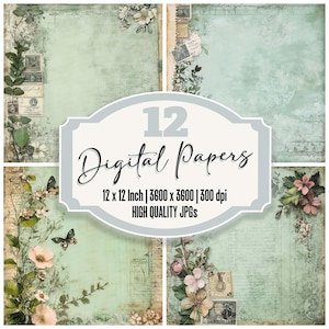 12x Carta da giornale con timbri botanici, carta digitale, sfondi vittoriani, JPG di alta qualità, carta per scrapbooking, stampabile, scaricabile