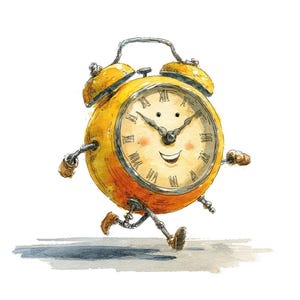 Puede incluir: Ilustración acuarela de un reloj despertador amarillo corriendo con una cara sonriente. El reloj tiene números romanos, una campana en la parte superior y pequeños brazos y piernas, lo que le da una apariencia juguetona y animada. El reloj corre sobre un fondo blanco.
