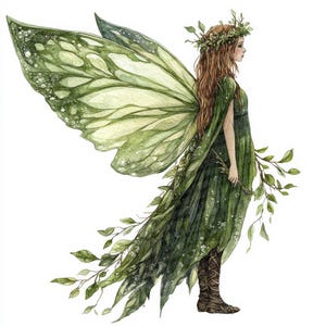 Watercolor Fairy PNG Clip Art, 12x Forest Fairy Clipart Set, Green Leaf ...