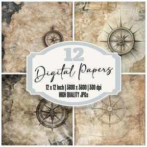12x Nautical Compass Junk Journal Paper, Vintage Map Digital Paper Pack, Aged Maritime Backgrounds, Scrapbook Paper, High Quality JPGs