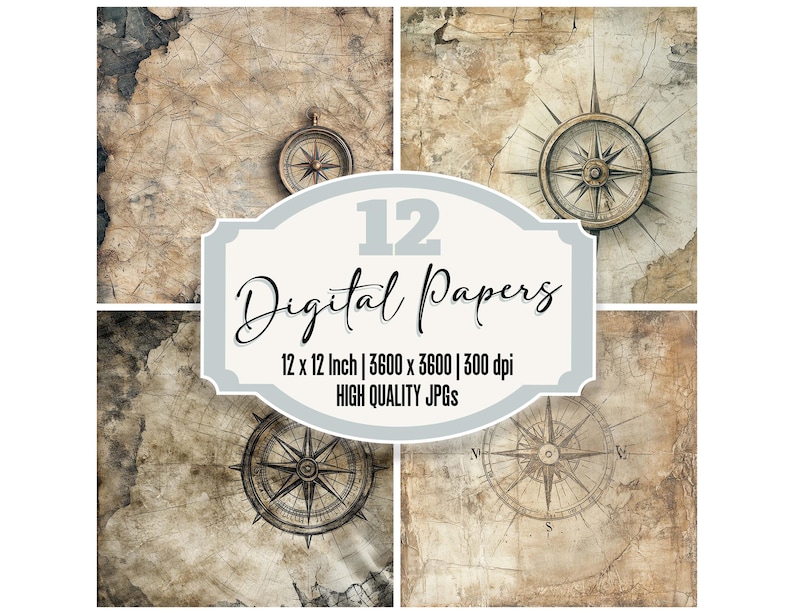 Compass Backing Paper 12x Nautical Compass Junk Journal Paper, Vintage Map Digital Paper Pack ...