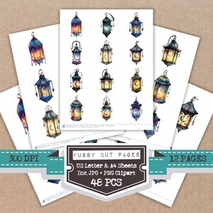 Può includere: Illustrazioni ad acquerello di lanterne in vari colori e design, stampate su carta bianca. L'immagine include il testo "Fussy Cut Pages", "US Letter & A4 Sheets", "Inc. JPG + PNG Clipart" e "48 PCS".