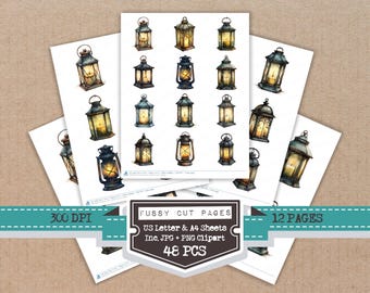 Rustic Candle Lantern Fussy Cut Sheets, 12x Printable Pages, Junk Journal Cut Outs, Card Making Ephemera, Print and Cut, Digital Download