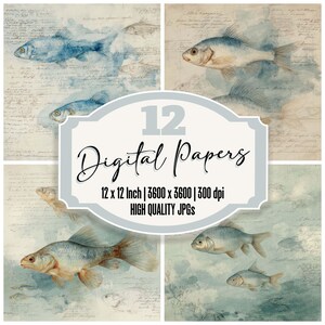 May include: A collage of four digital papers featuring watercolor illustrations of fish in shades of blue and gold. The papers are 12 x 12 inches and have a resolution of 3600 x 3600 pixels at 300 dpi. The text reads "12 Digital Papers".