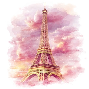 Tour Eiffel or clipart, 12 x aquarelle Paris rose ciel, Clipart imprimable, JPG haute qualité, téléchargement numérique, créations en papier, journaux indésirables
