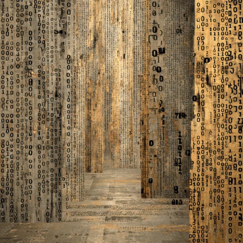 Peut inclure: Art num&eacute;rique abstrait repr&eacute;sentant un couloir ou un couloir construit &agrave; partir de panneaux de bois. Les murs et le sol sont recouverts d'un motif de code binaire, avec des chiffres et des symboles.