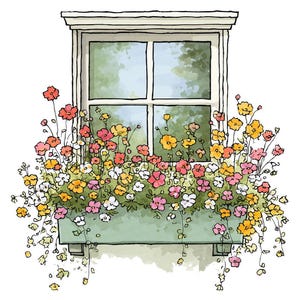 May include: Watercolor illustration of a window with a green flower box overflowing with colorful flowers. The flowers are in shades of red, yellow, pink, and white. The window frame is white, and the background is a soft green.