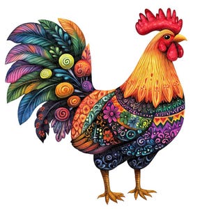 12 Folk Rooster Clipart, Roosters with Floral Designs, Printable Clip Art, Digital Download, High-Quality PNG/JPG, No Background
