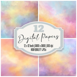 May include: A digital art print featuring 12 watercolor digital papers. Each paper has a soft, blended color palette of pink, yellow, blue, and orange. The text on the image reads "12 Digital Papers" and specifies the size as 12 x 12 inches.