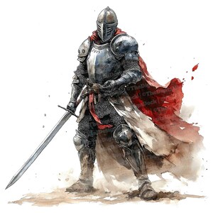 May include: A watercolor painting of a knight in full armor, holding a sword. He is wearing a red and white cape and a helmet with a visor. The knight is standing on a dirt path with a white background.
