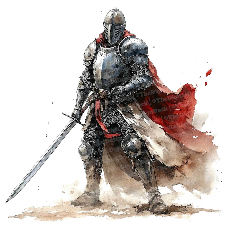 May include: A watercolor painting of a knight in full armor, holding a sword. He is wearing a red and white cape and a helmet with a visor. The knight is standing on a dirt path with a white background.