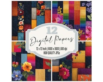 12x Rainbow Patchwork Junk Journal Paper Digital Paper Pack Denim Cord Texture Floral Fabric Blocks Scrapbook Backgrounds JPGs Download