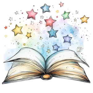 Magic Book PNG-clipart, 12 x aquarel open boek met sterren illustraties, afdrukbare fantasy-illustraties, digitale download, Paper Crafts, junk Journal