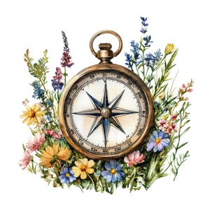 12 x kompas met bloemen PNG-clipart, vintage reizen illustraties set, afdrukbare aquarel PNG, digitale download, botanische ontdekkingsreiziger kunst