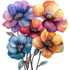 Watercolor Floral PNG Clipart, 12x Vibrant Flowers Clip Art Set, Printable Colorful Blooms Clip Art, Paper CraftsDownload, Junk Journal