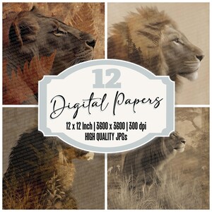12x Carta da giornale Lion Junk Paper Savanna Carta digitale Confezione Sfondi fauna selvatica africana JPG di alta qualità Carta per scrapbooking Download digitale