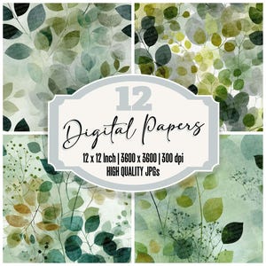 12 x mjuka blad, skräpjournalpapper, grönt botaniskt, digitalt papperspaket, akvarelltextur, scrapbookpapper, utskrivbart papper, högkvalitativa JPG-bilder