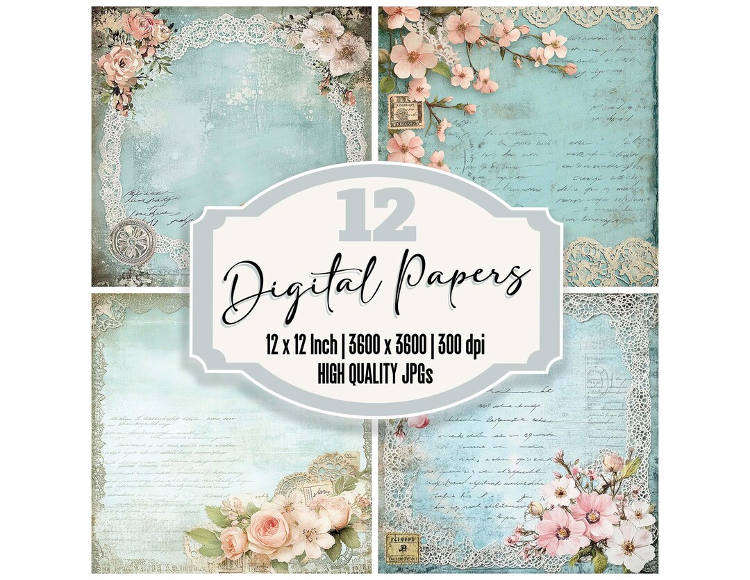 12x Blue Floral Junk Journal Paper Digital Paper Pack Victorian Doily ...
