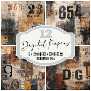 May include: A collage of 12 digital papers with a vintage aesthetic. Each paper features a distressed design with numbers, text fragments, and a mix of colors including black, beige, orange, and gray. The text "12 Digital Papers" is displayed prominently.