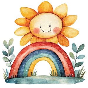 12 Clipart soleil et arc-en-ciel bohèmes, aquarelle arc-en-ciel mignon art, Clipart imprimable, Illustration Happy Sun, téléchargement numérique, décoration de chambre d'enfant