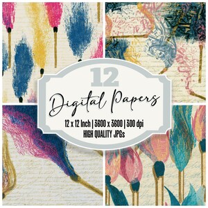 May include: A collection of four digital paper designs. Each design showcases vibrant brushstrokes in pink, blue, and yellow, reminiscent of stylized flowers or flames. The image includes the text "12 Digital Papers" and size and resolution details.