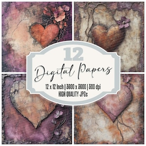 12x Stone Etched Heart Junk Journal Paper Grunge Romance Digital Paper Pack Distressed Texture High Quality JPGs Scrapbook