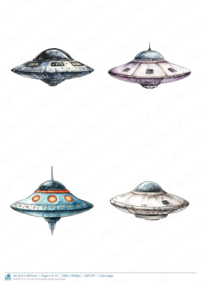 UFO Spaceship Fussy Cut Sheets, 12x Printable Pages, Alien Spacecraft ...