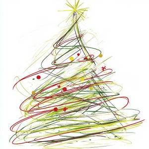 Puede incluir: Ilustraci&oacute;n abstracta de un &aacute;rbol de Navidad sobre fondo blanco. El &aacute;rbol est&aacute; formado por l&iacute;neas garabateadas verdes, rojas y amarillas, coronado por una estrella amarilla. Decoraciones circulares rojas y amarillas dispersas.