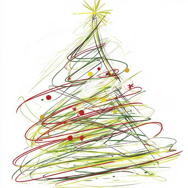 Puede incluir: Ilustraci&oacute;n abstracta de un &aacute;rbol de Navidad sobre fondo blanco. El &aacute;rbol est&aacute; formado por l&iacute;neas garabateadas verdes, rojas y amarillas, coronado por una estrella amarilla. Decoraciones circulares rojas y amarillas dispersas.