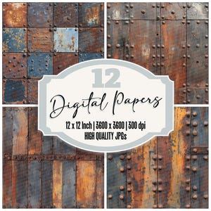 May include: Twelve digital papers featuring rusty metal textures with rivets. Each paper is 12 inches by 12 inches and 3600 pixels by 3600 pixels at 300 dpi.