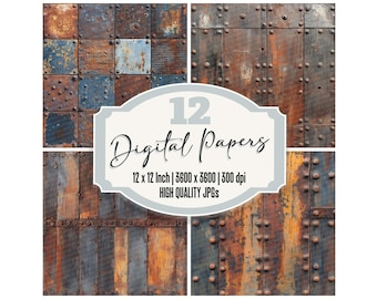 12x Rusted Steel Grids Junk Journal Paper, Industrial Metal Digital Paper Pack, Weathered Texture Backgrounds, Steampunk Scrapbook Paper