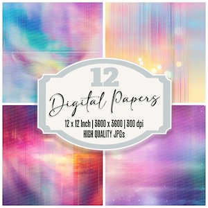 Puede incluir: Una impresión de arte digital con 12 papeles digitales abstractos. Cada papel presenta una mezcla única de colores, incluyendo azules, morados y rosas. El texto de la imagen dice "12 Digital Papers" y especifica el tamaño y la resolución.