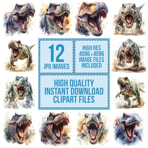 Op de afbeelding: Twaalf aquarel illustraties van een Tyrannosaurus Rex dinosaurus met een blauwe achtergrond. De tekst "12 JPG IMAGES", "HIGH RES 4096 x 4096 IMAGE FILES INCLUDED" en "HIGH QUALITY INSTANT DOWNLOAD CLIPART FILES" is ook in de afbeelding opgenomen.