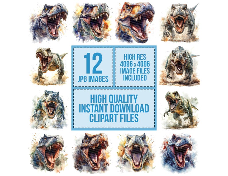 Op de afbeelding: Twaalf aquarel illustraties van een Tyrannosaurus Rex dinosaurus met een blauwe achtergrond. De tekst "12 JPG IMAGES", "HIGH RES 4096 x 4096 IMAGE FILES INCLUDED" en "HIGH QUALITY INSTANT DOWNLOAD CLIPART FILES" is ook in de afbeelding opgenomen.