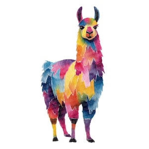 May include: Watercolor illustration of a colorful llama. The llama's fur is a vibrant mix of blue, purple, pink, yellow, and orange. The llama stands on four legs against a white background. The llama has a long neck and small ears.