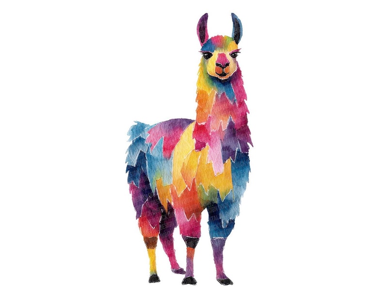 May include: Watercolor illustration of a colorful llama. The llama's fur is a vibrant mix of blue, purple, pink, yellow, and orange. The llama stands on four legs against a white background. The llama has a long neck and small ears.
