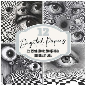 Op de afbeelding: Een set van 12 digitale papieren met zwart-witte abstracte ontwerpen met herhalende oogpatronen en een geruite achtergrond. De papieren zijn 30,48 cm bij 30,48 cm en 3600 pixels bij 3600 pixels met 300 dpi.