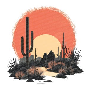 Clipart PNG de paysage désertique, 12 x illustrations de cactus coucher de soleil, ensemble d'art clip imprimable, téléchargement numérique, travaux manuels en papier, lot de journaux indésirables